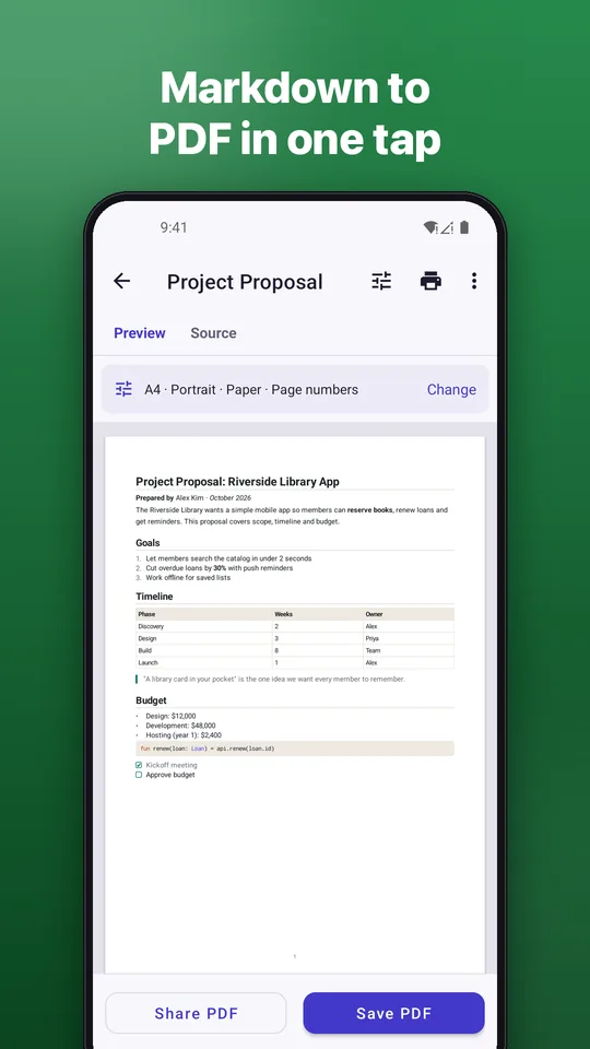 Screenshot: Markdown to PDF in one tap