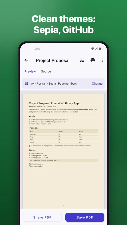 Screenshot: Clean themes: Sepia, GitHub