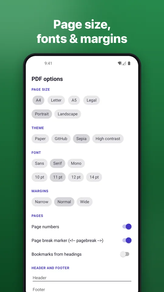 Screenshot: Page size, fonts & margins