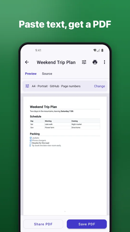 Screenshot: Paste text, get a PDF